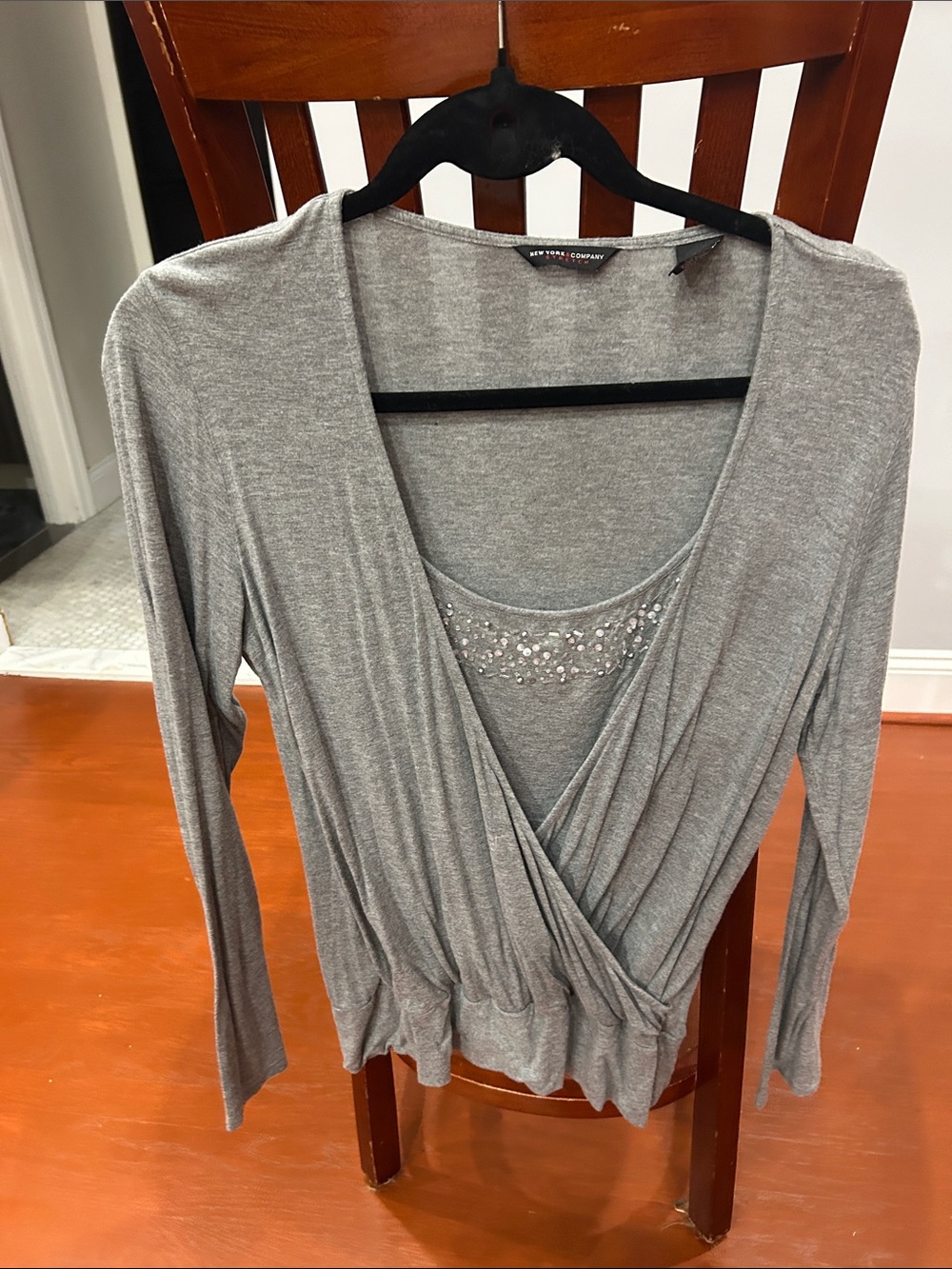 New York  and Company Gray Faux-Layered Surplice Tunic with Rhinestones